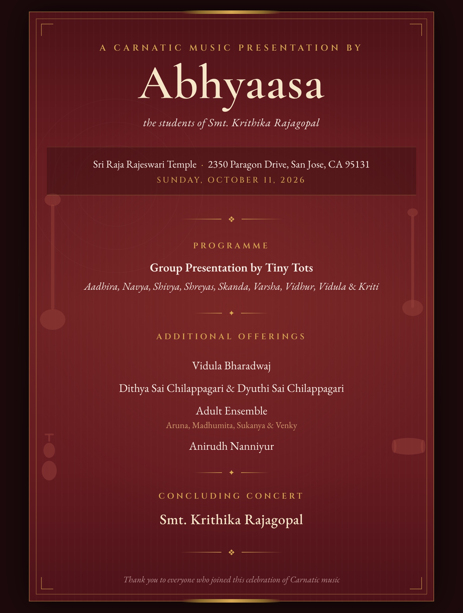 Abhyaasa Carnatic music presentation flyer - Sri Raja Rajeswari Temple, San Jose, October 11, 2026